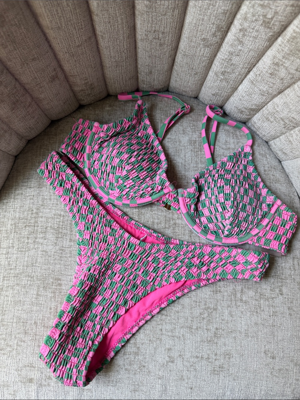 Pink and Green Smocked Balconette Bikini Set